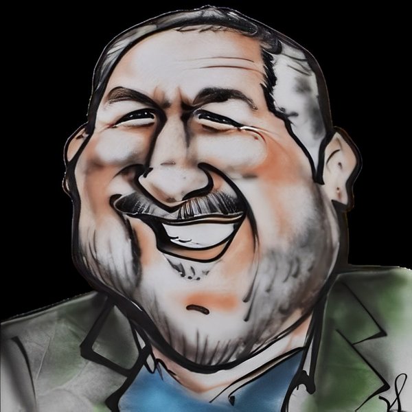 Caricatura do Prof. Aldi Feiden, sorridente, de bigode e barba grisalha